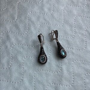Judith Ripka black spinel & blue cabochon dangle earrings in teardrop design